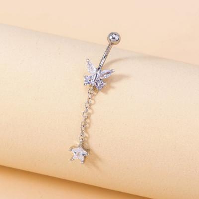 China Qufan Butterfly Zircon Hot Selling Punk Hot Selling Dangling Clip On Navel Jewelry Non Piercing Women Copper Belly Piercing for sale