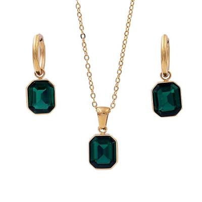 China CLASSIC Personalized Jewelry Anniversary Gift 18k Gold Plated Classic Stainless Steel Emerald Green Stone Pendant Necklace Earring Sets for sale