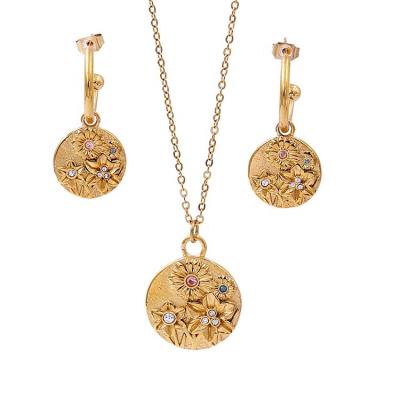 China Retro Vintage Ethnic Colorful Cubic Zircon Daisy Pendant Earrings Sets Women Gold Plated Stainless Steel Round Daisy Jewelry Sets for sale