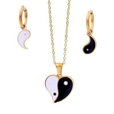 China Wholesale FASHIONABLE Love Pendant Stainless Steel Necklaces Earrings Drip Oil Tai Chi Gossip Enamel Heart Shape Jewelry Sets for sale