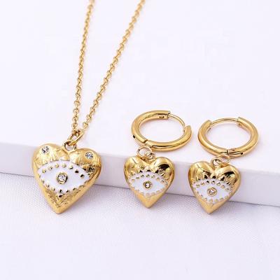 China Wholesale Vintage Casting 316L Stainless Steel Gold Plated Heart Shape Enamel Eye Necklace Earrings Big Eye Jewelry Set For Girls for sale