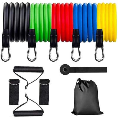 China Hot Selling 11 Pcs High Tension Portable Gym Fitness Strong Resistance Bands Home Workout Exercise Tubes Set With Bag for sale