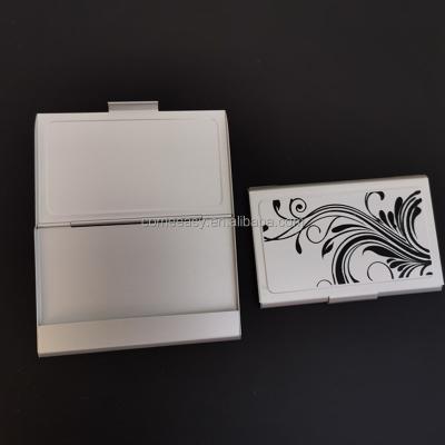 China Silver Color Metal Table Name Card Holder Aluminum Folding Business Business Card Keepsake Gifts Aluminum Case With Flowers Design for sale