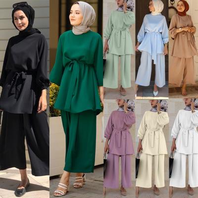 China Fashion Muslim Pieces Both Women Set Brief Solid O Neck Long Sleeve Tops With Long Pants Turkey Islamic Mubarek Eid Abaya Set for sale