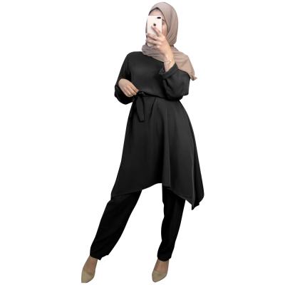 China Fashion new fashion Muslim lace-up suit, fresh, simple and elegant robe, solid color two-piece Arab suit for sale