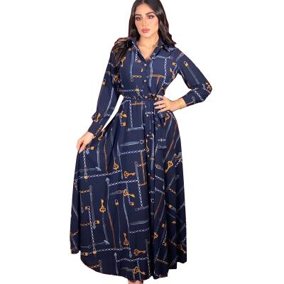 China Muslim Long Sleeve Dress Plus Size Women's Long Dress Slim Lapel Ethnic Printed Arabic Muslim Clothing 2021 Long Skirt New for sale