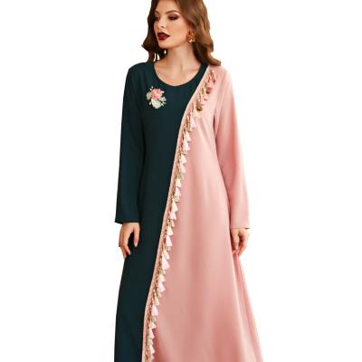 China Retro Green Pink Color Fashion Contrast Maxi Dress For Women Eid Al-Adha 3D Flower Eid Al-Adha Muslim Arab Dubai Turkey Oman Ethnic Long Dress for sale