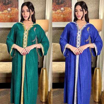 China Long Sleeve Muslim Jalabiya Dress Fashion Dubai Muslim Arabic Abaya Hooded Dress Moroccan Kaftan Diamond Jalabiat Women Robe 2021 for sale