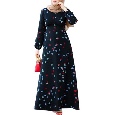 China Muslim Long Sleeve Dress Malaysia Black Polka Dot Print Hijab Dress For Women Arab Middle East Turkey Oman Clothing Self-Belt 2021 New for sale