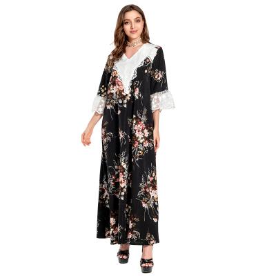 China Polyester Lace Patchwork Ethnic Floral Maxi Dress For Women Summer 2021 Turkey Oman Long Dress Moroccan Arabic Black V-Neck 3/4 Sleeve for sale