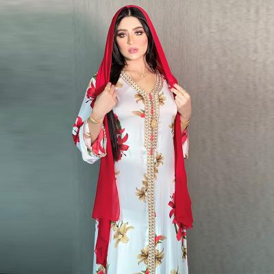 China ODM Long Sleeve Muslim Dress Ethnic V-Neck Ribbon Maxi Dress For Women White Floral Muslim Arab Kuwait Dubai Turkey Oman Kaftan Moroccan Clothing for sale