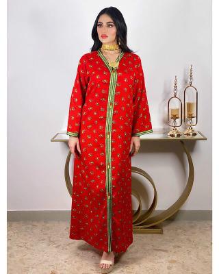 China Long Sleeve Muslim Dress Eid Mubarak Abaya Dress for Sleeve Turkey Floral Dubai Arabic Red V-Neck Sliver Muslim Women Full Dresses New for sale