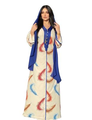 China New Abaya Maxi Dresses OEM ODM Women Modern Arab Abaya Dresses Muslim Fashion White Feather Printing Dress S-2XL for sale