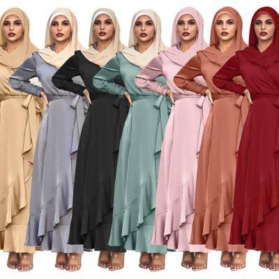 China Irregular Ruffled Moroccan Dress Solid Color Long Dress Elegant Long Skirt Arab Oman Lace-Up Muslim Islamic National Costume for sale