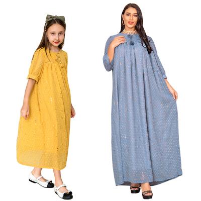 China Long Abaya Mother Daughter Dresses Loose Casual Muslim Family Outfits Ethnic Stamp Elegant Middle East Arab Abaya Gold Tassel for sale