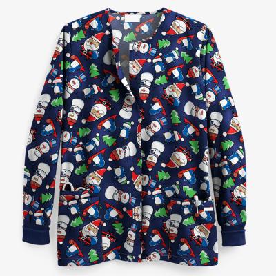 China New Design Medical Long Sleeve Snap Coat Women's Work Breathable 3-Pocket Knit Cuff Print Scrub Jacket for sale