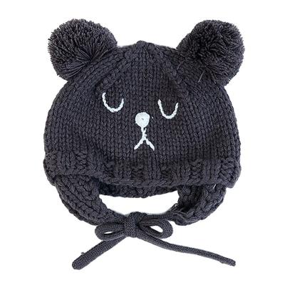 China 19059 checked adorable and beautiful knitted brown bear pattern baby beanie hats with balls for winter for sale