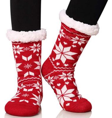 China Anti-Fault AJ18191 Custom Red Women's Winter Fleece Striped Thick Non Slip Fuzzy Slipper Socks for sale