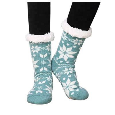 China AJ18199 Anti-Fault Women's Fuzzy Warm Fluffy Thick Heavy Fleece Striped Winter Christmas Snowflake Home Socks for sale