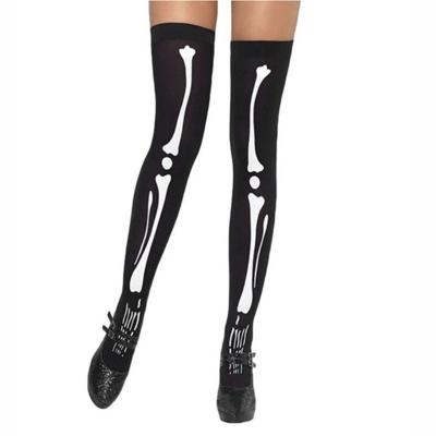 China Halloween 19615 Anti-Slip Black Skeleton Printed Thigh High Socks Skeleton Thigh High Socks for sale