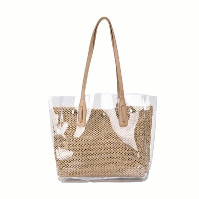 China Fashion new large capacity PVC the beach leisure transparent plastic shoulder bag temperament single straw woven tote bag for sale