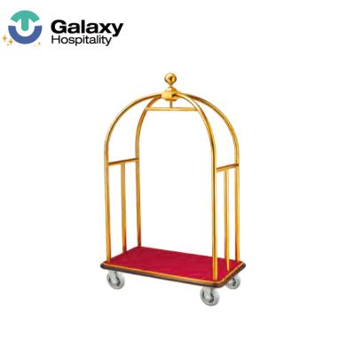 China Durable Hotel Steel Lobby Luggage Cart Stainless Steel Lobby Town Crier 4 Wheel Gold Trolley Brass Trolley Cart for sale