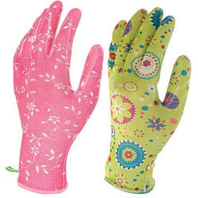 China Multi Printing Garden Gloves Floral Printing Polyester Clear Nitrile Coating Garden Gloves for sale