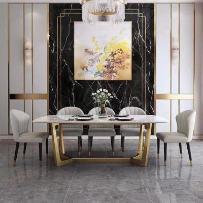 China (Other) Adjustable Modern Dining Table Set For 6 Artificial Marble Top With Brushed Stainless Steel Base for sale