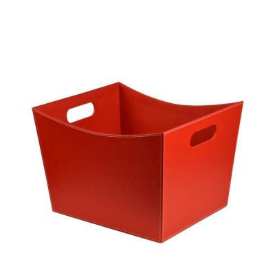 China Wholesale Red Leather Quality Clothes Storage Storage Rectangular Dirty Basket Leather Basket With Handle For Gift Home Decor for sale