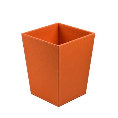 China Sustainable Wholesale Customized Luxury Hotel Waste Bathroom Faux Orange Leather Trash Can Durable Use for sale