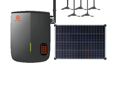 China PAYG Home Portable Solar Power Station Pay As You Go Solar Powered Kit With Solar DC Fan 5 LED Bulbs for sale