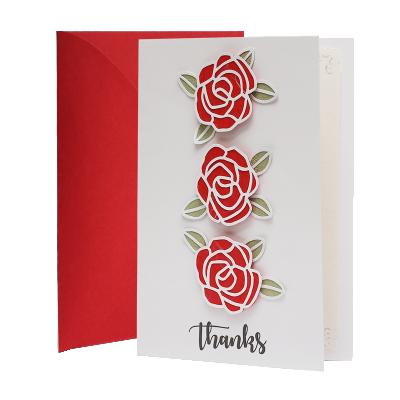 China White Europe Standard Hollow Stripe 3 Rose Wedding Decoration Gift Scustomized Greeting Cards for sale