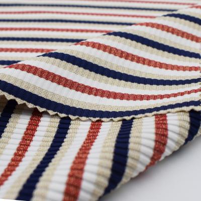 China Breathable Stripe Yarn Dyed Nylon Spandex Lurex Apparel Jacquard Fabric Knitted Textile Material For Clothes Swimwear Dress for sale