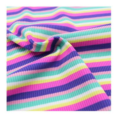 China Breathable Rainbow Colored Yarn Dyed Ribbed Stripe Fabric 87%Nylon 13%Spandex Jacquard For Swimwear Bikini for sale