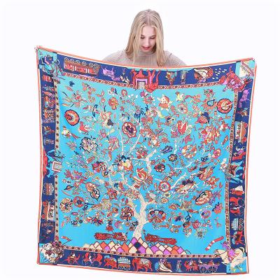 China Silk scarf 130cm square long twill ladies fashion shawl scarf tree of life and contracted scarves for women for sale