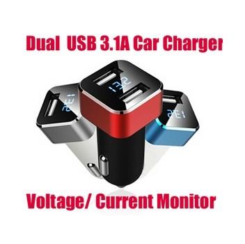 China Universal Dual USB Car Charger Adapter 5V 3.1A 2-Port Output Voltage Current Monitor Vehicle Voltage Display for sale