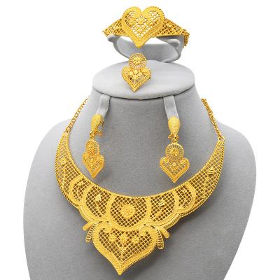 China Wholesale Dubai 24K Gold Romantic Wedding Jewelry Set Nigeria Banquet Necklace Earrings Ring Bracelet Sets for sale