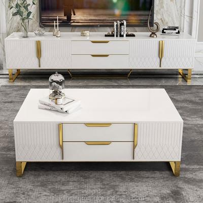 China Modern High End High Glossy Stainless Steel Frame Coffee Table Glossy MDF With Drawers Coffee Tables And TV Stand for sale