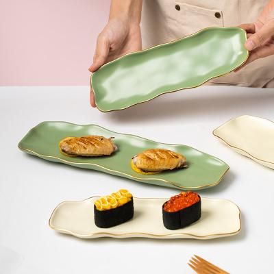 China Wholesale Matte Color Stocked Glazed Japanese Type Hand Painted Porcelain Cake Dessert Rectangular Sushi Dishes and Plates Tray for sale