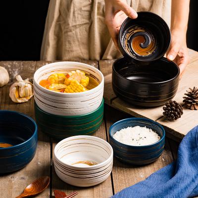 China Porcelain White Classic Hand Painted Pasta Fruit Salad Cereal Noodle Matte Black Soup Large Style Rice Bowl Round Ceramic Bowls for sale