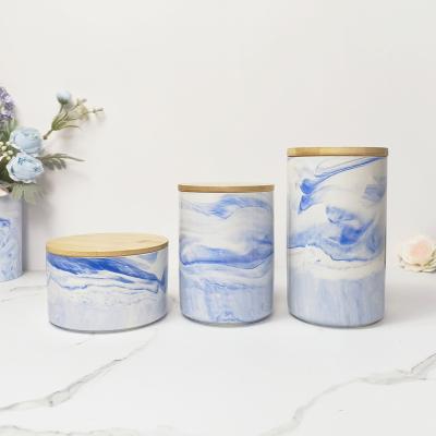 China Colorful Freshness Preservation Style Marble Pot Kitchen With Storage Wooden Jar Porcelain Cookie Coffee Food Lid Tea Food Tea Canister Ceramic Marble Sets for sale