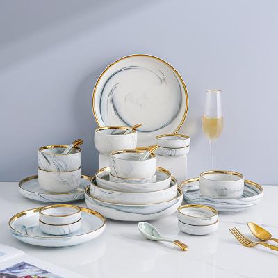 China Viable 9 18 26 32 Piece Set Luxury Gift Gold Rim Wedding Plated Ceramic Porcelain Dinnerware Dishes Set Gray Marble Gray Dinner Set for sale