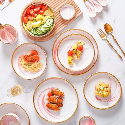 China Luxury Wedding Stocked Gold Line Plated Gray Pink Marble Porcelain Porcelain Dinnerware Ceramic Dinner Dining Dish and Bowl Set for sale