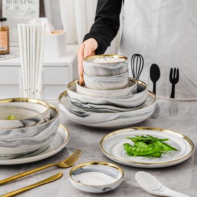 China Wholesale Luxury Stocked Wedding Gift Gold Rim Plated Gray Pink Marble Ceramic Porcelain Dinnerware Dish and Bowl Set for sale