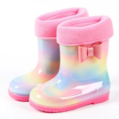 China 2022 Fashion Trend Best Sell Kid's Waterproof Rainbow Pink Blue Character With Fur PVC Rain Boot For Kids for sale