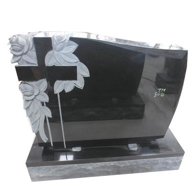 China American Wholesale Indian Black Granite Monument Upright Headstone With Carved Flower Cross for sale