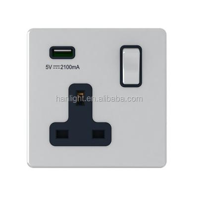 China Stainless Steel Faceplate BS 13A 5V 2.1A 1 Strip Switched USB Wall Socket for sale