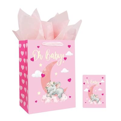 China Custom Order 300gsm Ivory Board Pink Baby Shower Gift Carrier Paper Bag for Baby Clothes for sale