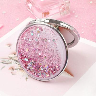 China Personalized Makeup Mirror 1x2x Makeup Mirror Quicksand Compact Liquid Floating Makeup Mirror Small Double Sided Travel Magnifying Portable Mirror for sale