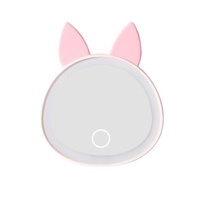 China Little Pig Lighted Shape ABS To Touch Switch Pocket Vanity Gift Pink Plastic Portable Contract Lighted Handheld Mirror for sale